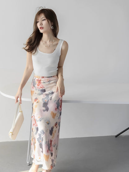 MZOMXO elegant fishtail heavyweight crepe de chine printed mid-length high waist hip-covering skirt for women