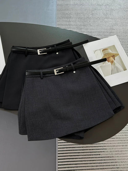 Gray high-waisted blazer skort with a side slit, flattering A-line fit. Easy to style for both work and casual looks.