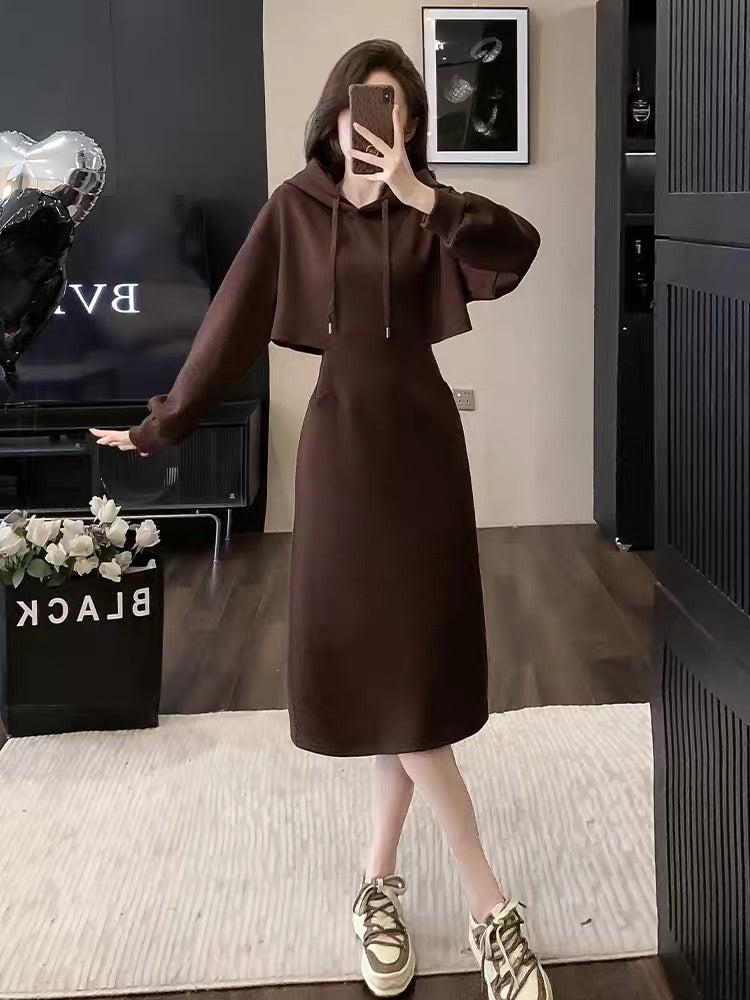 Hooded mid-length sweatshirt dress for women autumn 2023 new waist slimming high-end temperament casual skirt (V6619)