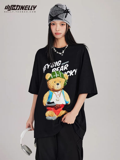 European and American cartoon bear short-sleeved T-shirts for men and women trendy brands ins loose casual summer thin T-shirts for couples half-sleeved shirts