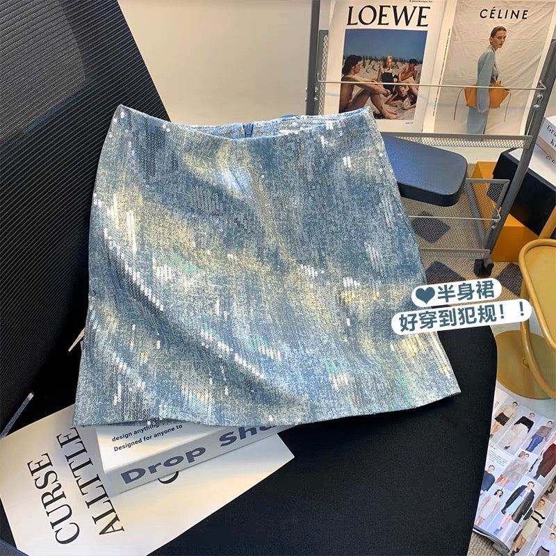 Light luxury sequined denim skirt small sexy hot girl nightclub A-line skirt slimming high-end skirt summer