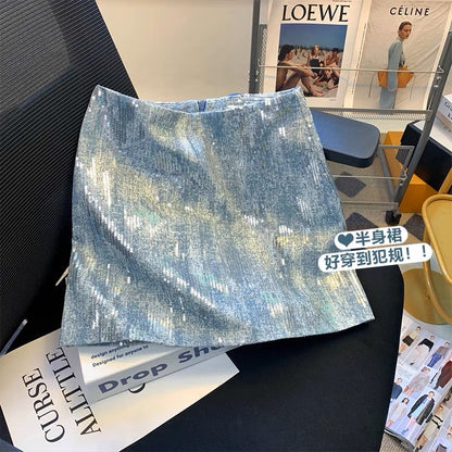 Light luxury sequined denim skirt small sexy hot girl nightclub A-line skirt slimming high-end skirt summer
