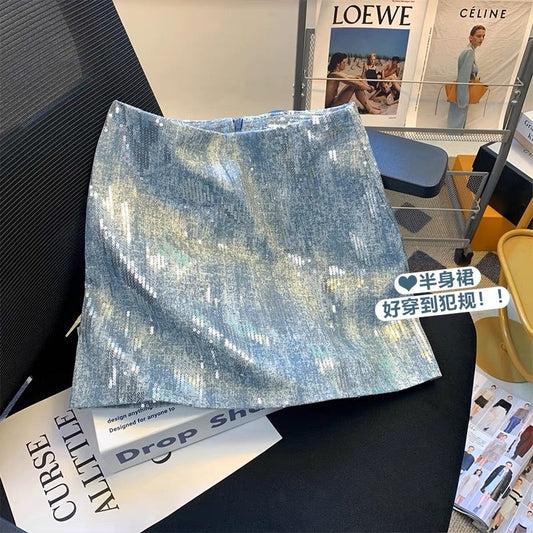 Light luxury sequined denim skirt small sexy hot girl nightclub A-line skirt slimming high-end skirt summer