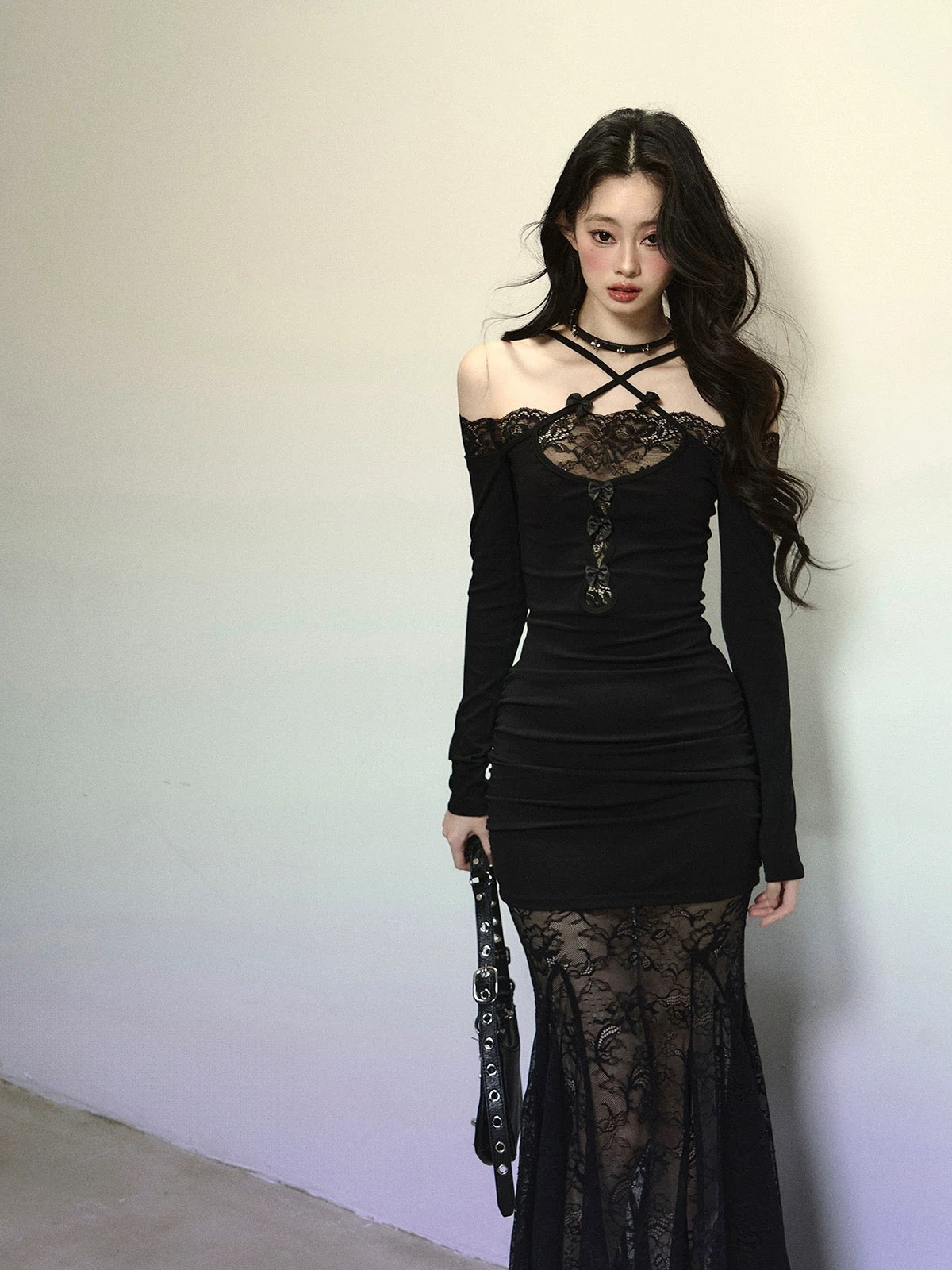 Shao Ye Eyes Goddess Venus Lace Sexy Dress Women Autumn and Winter Long Sleeve Slimming Halter Neck Hip Skirt Long Skirt