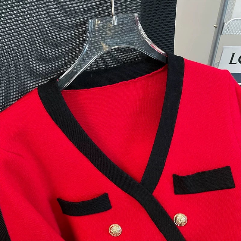 Contrast color V-neck double-breasted suit dress for women in autumn new temperament small fragrant hip skirt red knitted skirt