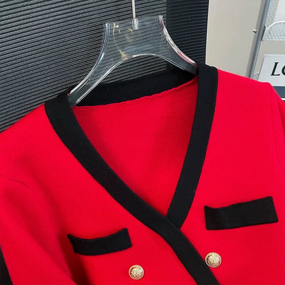 Contrast color V-neck double-breasted suit dress for women in autumn new temperament small fragrant hip skirt red knitted skirt