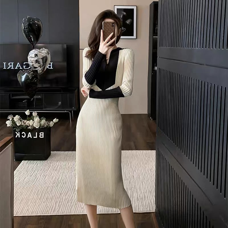 Mid-length inner-layered high-end and elegant French-style small fragrance style color-blocked knitted dress for women in autumn and winter sweater skirt