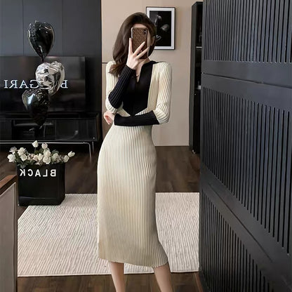 Mid-length inner-layered high-end and elegant French-style small fragrance style color-blocked knitted dress for women in autumn and winter sweater skirt