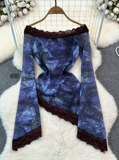Amorous tops for summer women rose print lace splicing mesh bottoming shirts for women 2024 new style trend