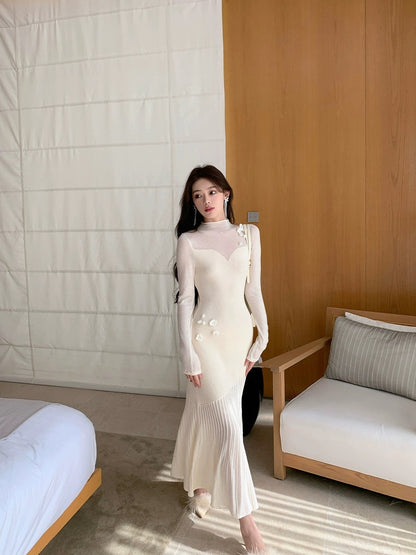 ByYou Spring Slim High Collar Wool White Knitted Waist Mid-Length Over-the-Knee Sweater Dress