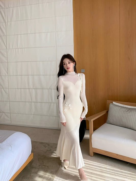 ByYou Spring Slim High Collar Wool White Knitted Waist Mid-Length Over-the-Knee Sweater Dress