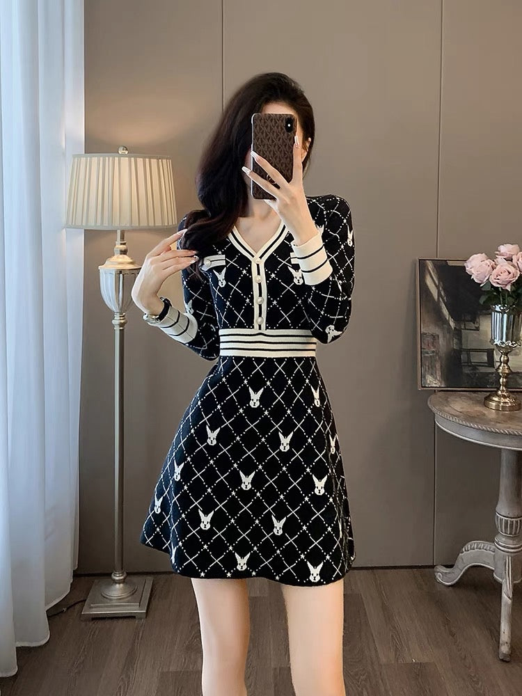 Fashionable casual temperament elegant foreign goddess style dress autumn 2023 new pattern jacquard design skirt D6696