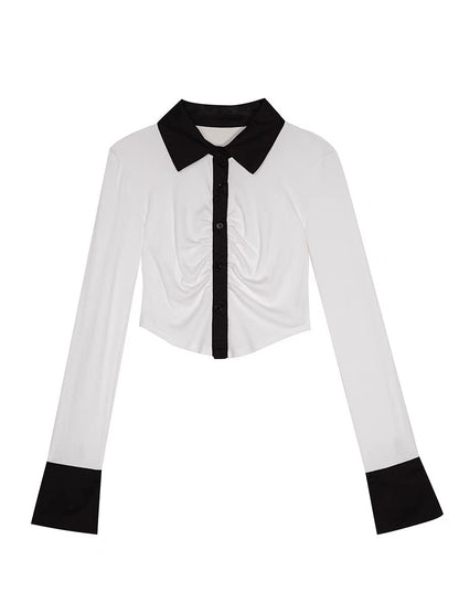 Queen of Hanyi Contrasting Color Stitching Shirt 2023 Autumn New Design High-quality Trumpet Sleeve Short Top