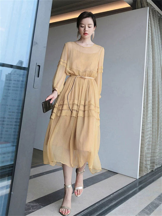2023 new autumn women's tea break French retro gentle chiffon dress elegant lady mid-length skirt