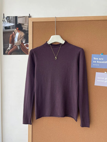 Retro soft and sticky cashmere rolled-edge turtleneck knit sweater for women, autumn and winter, gentle and versatile layering base layer top.