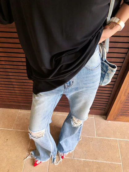Li Wanjun Women's Summer High-Waisted Light-Wash Distressed Jeans – Lightweight, Raw-Hem, Slight Flare Cut