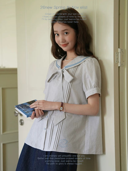 Nov elist One Large Bow Design Short-Sleeve Top Retro Sailor Collar Shirt