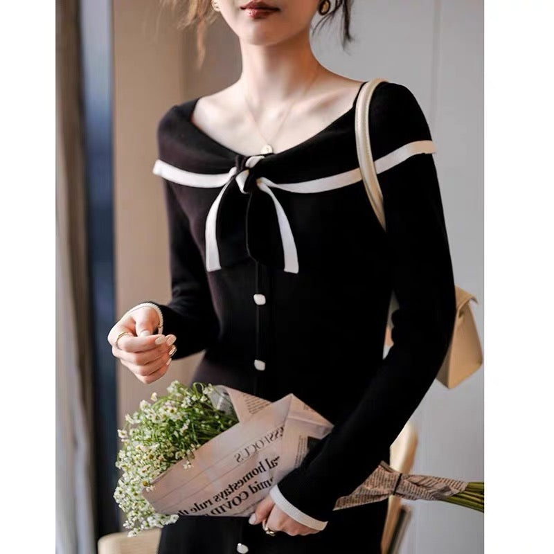 European station autumn clothing Internet celebrity new temperament little black skirt intellectual and elegant knitted shirt long skirt high-end dress