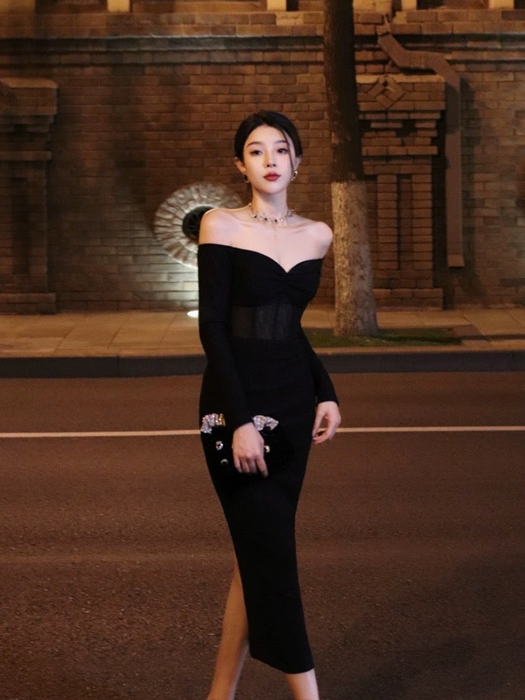 Thirteen and Little French Black Dress Female Autumn Slim Slit One Shoulder Banquet Dress Dress