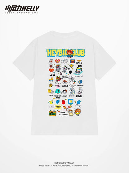 American retro cartoon print short-sleeved T-shirt for men and women tops summer thin street half-sleeved national tee casual T-shirt