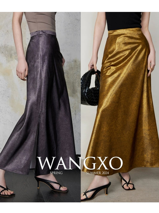 WANGXO｜Gorgeous gilt luster｜Imitation acetate satin cracked texture｜Retro high-end hip-hugging skirt for women