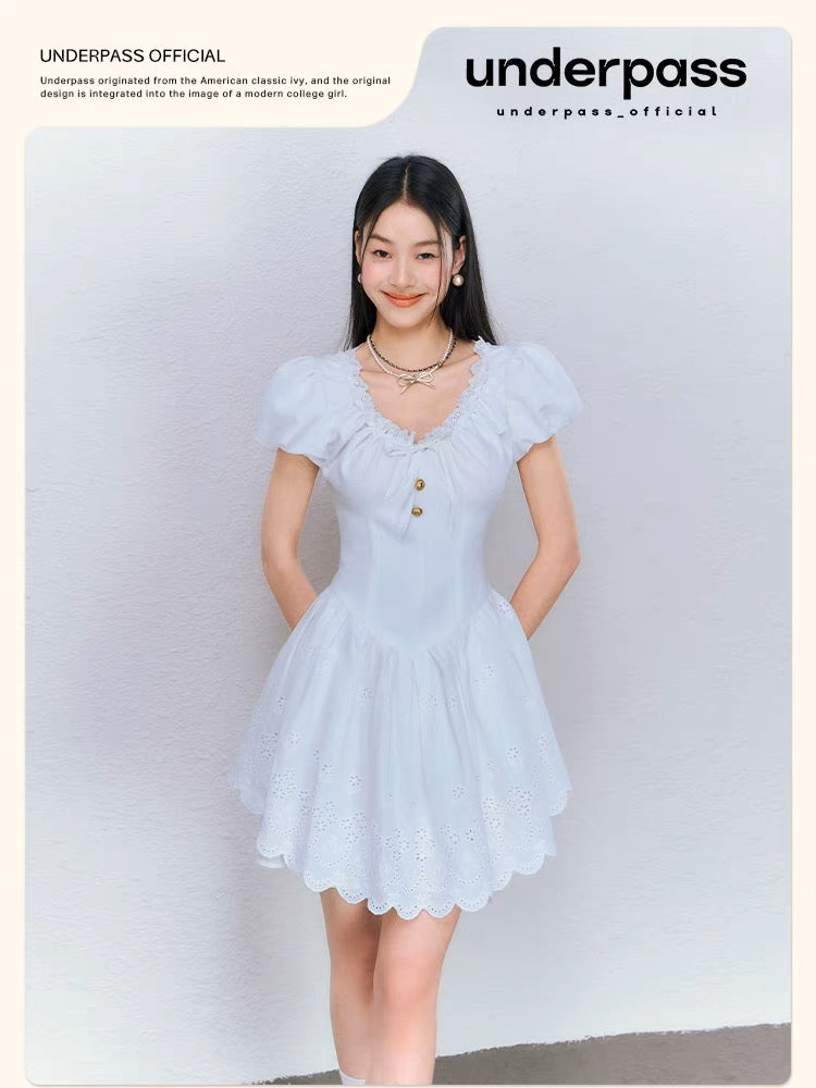 Underpass original design white sweet embroidered lace puff sleeves tie waist puffy dress for women