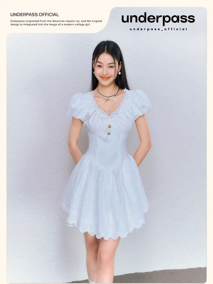 Underpass original design white sweet embroidered lace puff sleeves tie waist puffy dress for women