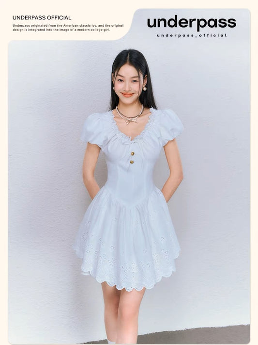 Underpass original design white sweet embroidered lace puff sleeves tie waist puffy dress for women