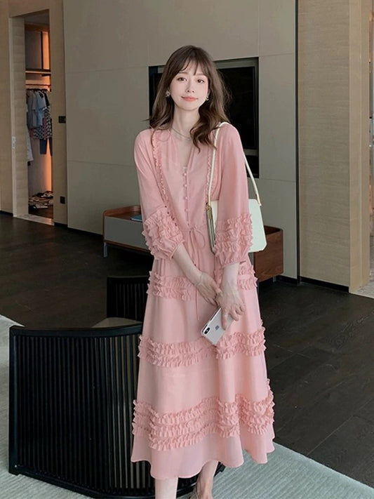 Autumn new style sweet and unique little skirt European station French fungus pink fairy dress for women
