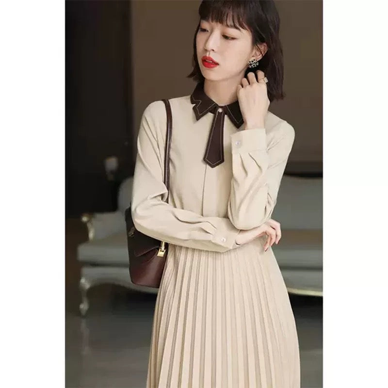 Autumn and winter 2023 new women's clothing plus size French waist small fragrant style bottoming pleated dress shirt long skirt