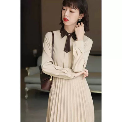 Autumn and winter 2023 new women's clothing plus size French waist small fragrant style bottoming pleated dress shirt long skirt