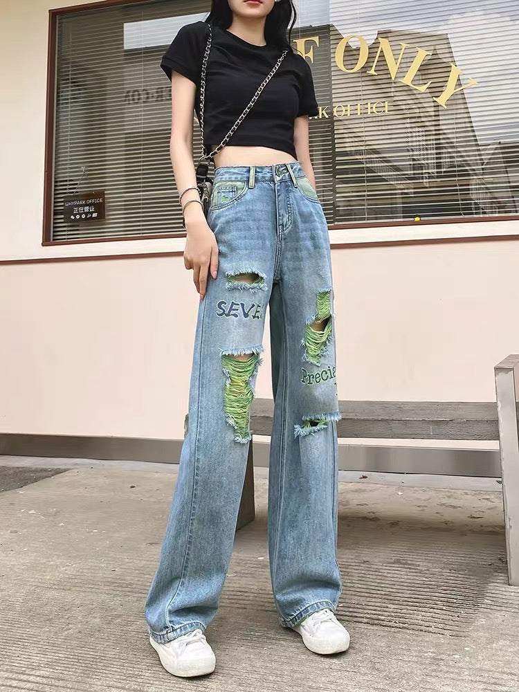 Ripped Jeans Women's Straight Leg Wide Leg Pants Premium Drape 2023 Autumn New High Waist Contrast Color Embroidered Floor Pants (P139)