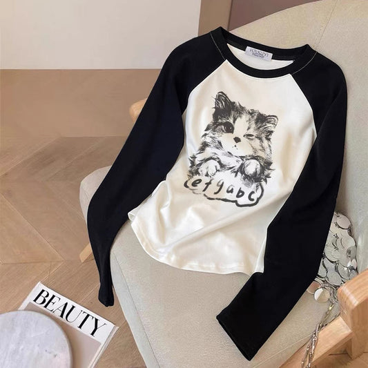 Contrast color pure cotton inner wear design sense splicing long-sleeved T-shirt female 2025 autumn and winter new European goods loose slim top M