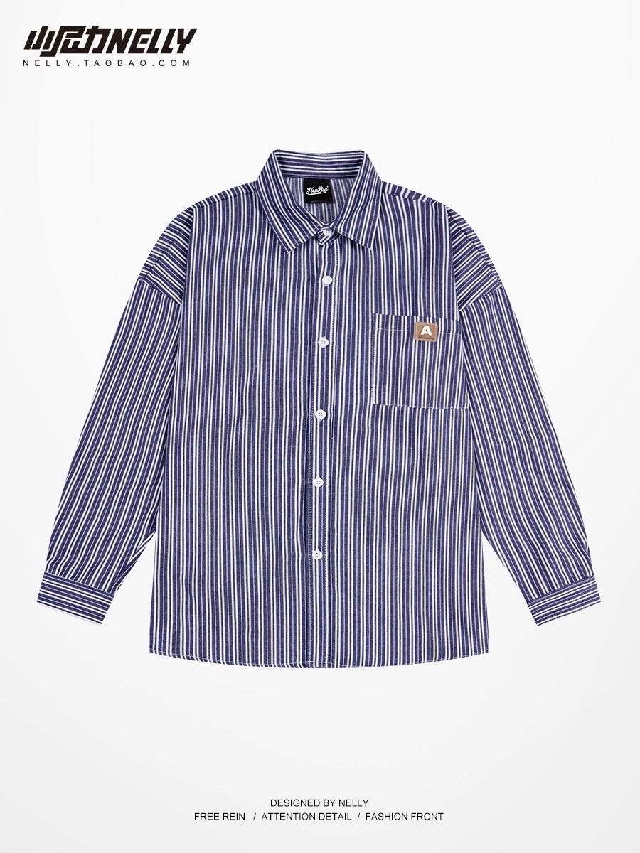 Spring and autumn long-sleeved vertical striped shirt male ruffian handsome casual Hong Kong style high street teenager bf Korean version Japanese yuppie shirt