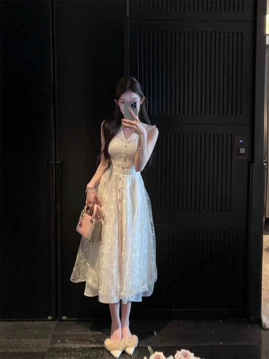 FairyJiang spring new style temperament lace embroidery v-neck white dress long slim waist skirt
