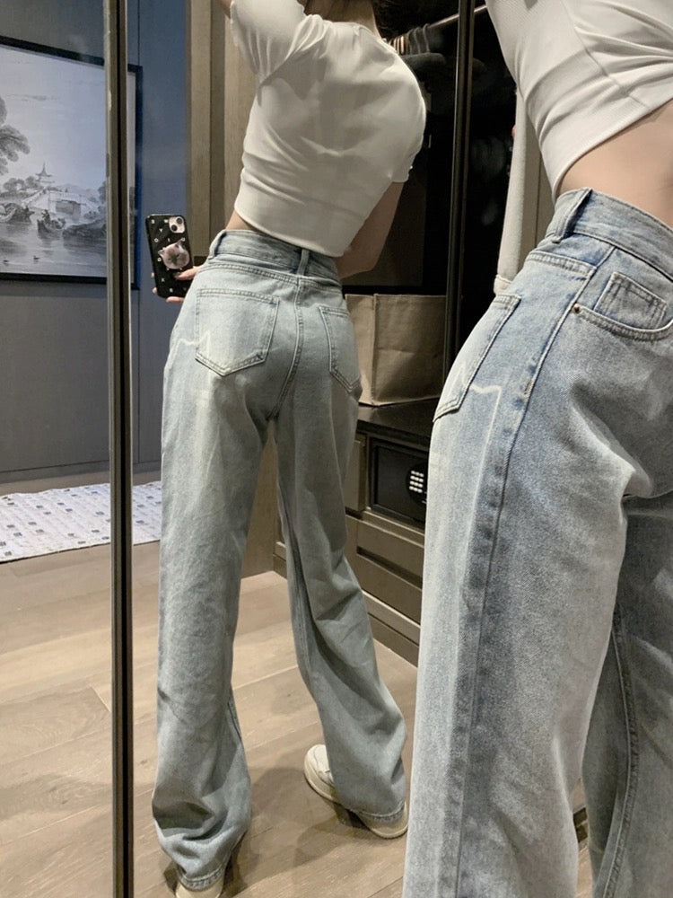 American retro blue jeans for women, spring high-waisted straight pants, loose slimming wide-leg pants, floor-length long pants, trendy