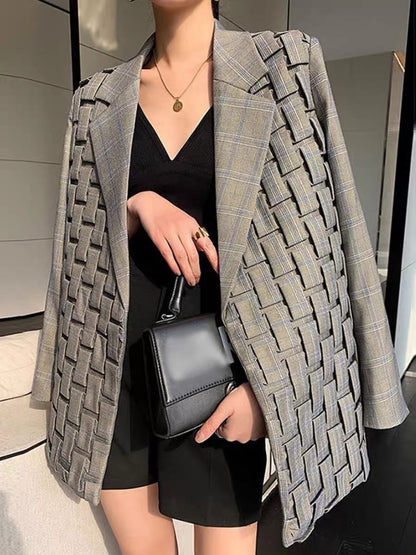 High-end heavy-duty design fashionable three-dimensional plaid gray mid-length suit spring and autumn new socialite workplace top