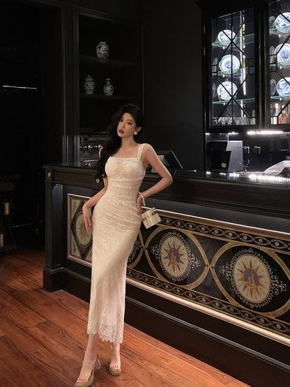 Ge Fuwen White lace suspender dress female 2024 summer new niche design temperament waist long skirt