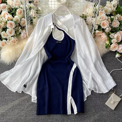 Hot girl with slit, halter neck and hip-hugging dress, stylish suit, casual style shirt, thin sun protection jacket