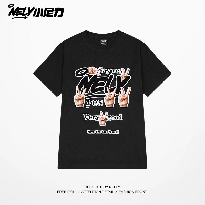 Nely Little Nely Lucky Letter Gesture Printed Short Sleeve T-shirt Unisex Round Neck T-shirt Couple Half Sleeve