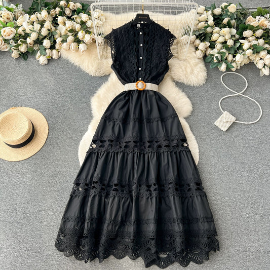 French style high-end stand-up collar hollow embroidery lace stitching sleeveless waist slimming elegant dress