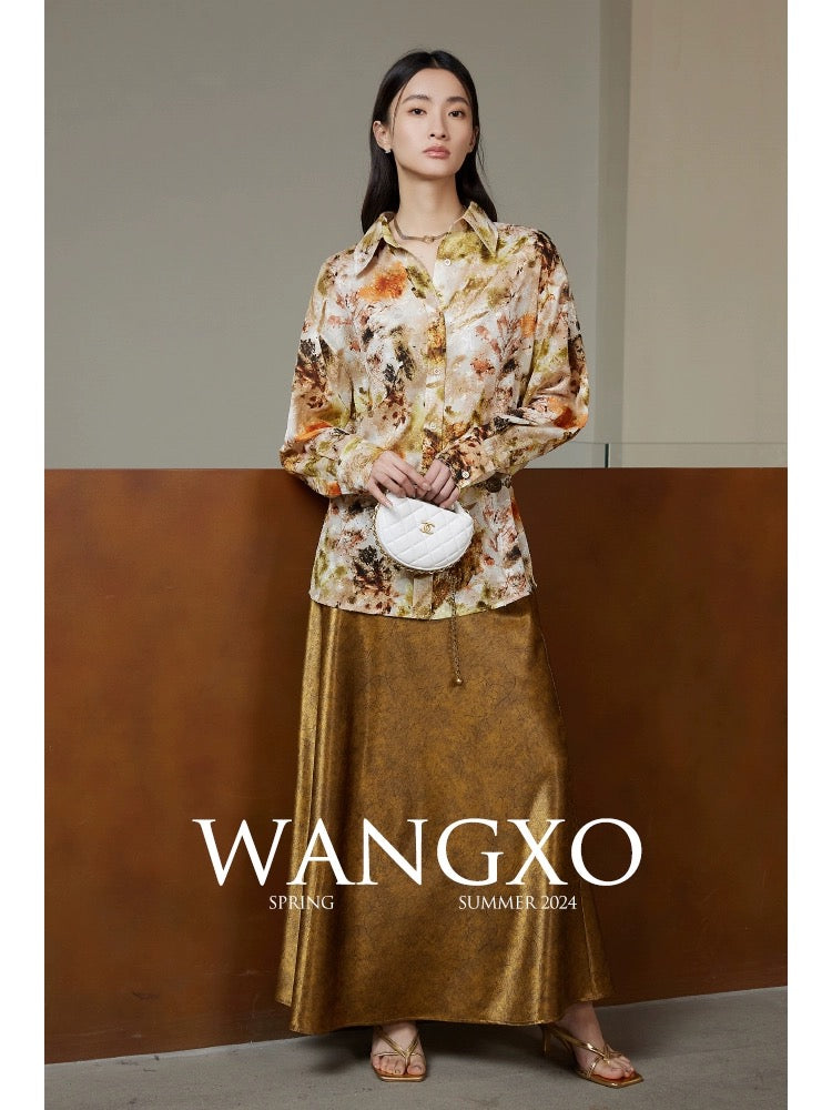 WANGXO｜Gorgeous gilt luster｜Imitation acetate satin cracked texture｜Retro high-end hip-hugging skirt for women