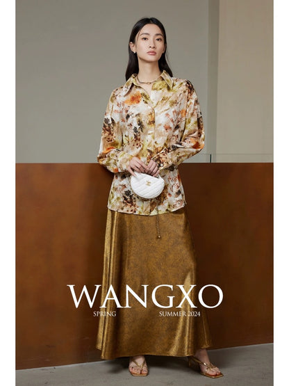 WANGXO｜Gorgeous gilt luster｜Imitation acetate satin cracked texture｜Retro high-end hip-hugging skirt for women