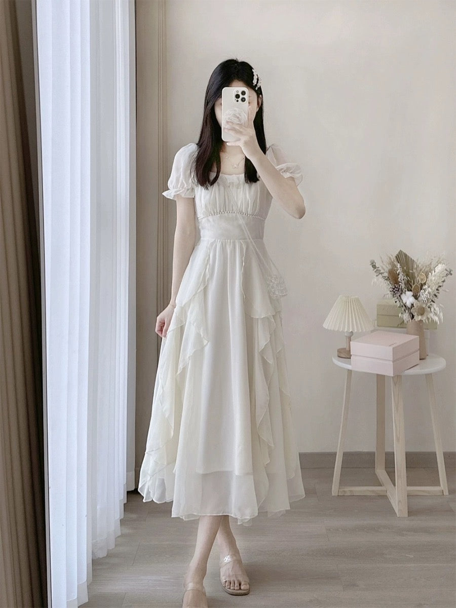 French pink chiffon dress, summer texture, high-end sense, waist slimming, gentle temperament, fairy long skirt