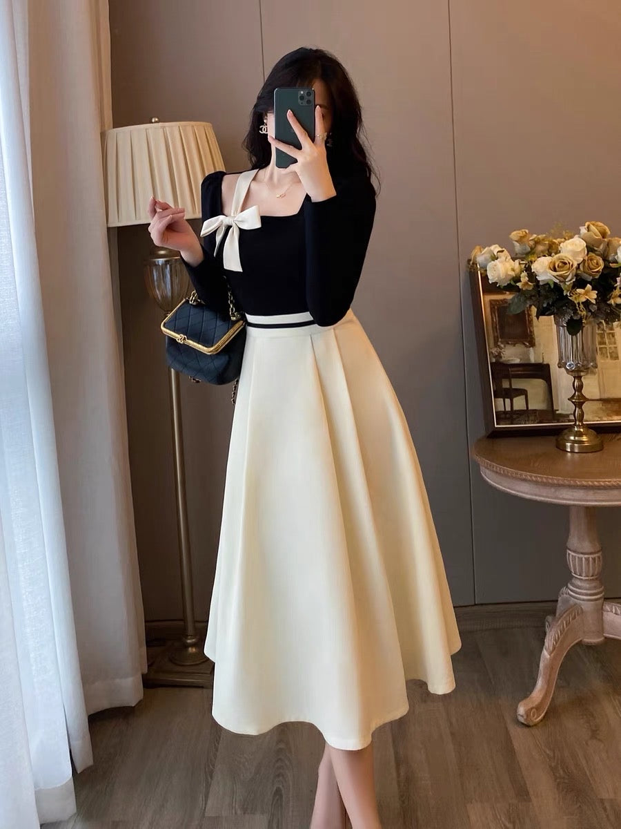 French retro small fragrance square collar dress women's 2023 autumn new Hepburn style high-level high-waisted dress