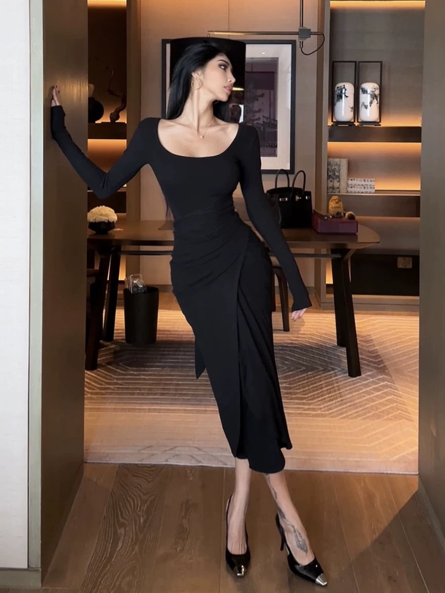 HELEN/Multiple ways to wear/Love-shaped collar autumn and winter dress women's waist and abdomen strap double-sided brushed temperament slim skirt (D2521)