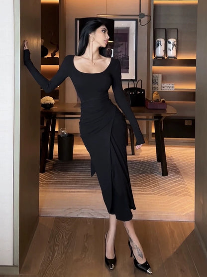 HELEN/Multiple ways to wear/Love-shaped collar autumn and winter dress women's waist and abdomen strap double-sided brushed temperament slim skirt (D2521)