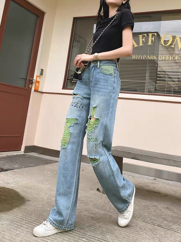 Ripped Jeans Women's Straight Leg Wide Leg Pants Premium Drape 2023 Autumn New High Waist Contrast Color Embroidered Floor Pants (P139)