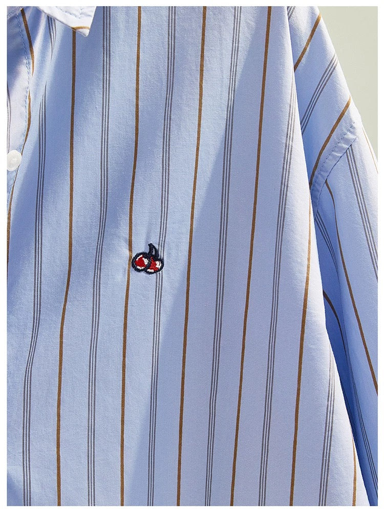 Letter embroidered blue striped shirt for women 2024 spring and summer new Korean loose design button long-sleeved shirt