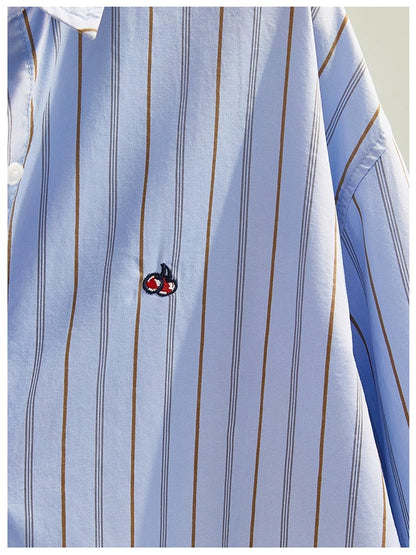 Letter embroidered blue striped shirt for women 2024 spring and summer new Korean loose design button long-sleeved shirt